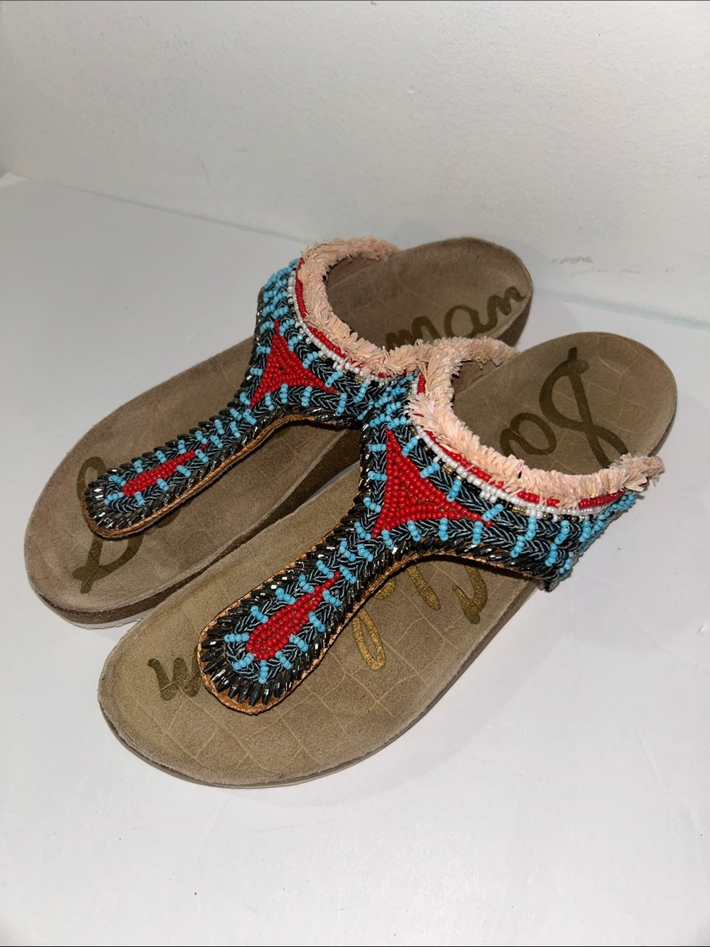 Sam Edelman Beaded Thong Sandals in Blue and Red